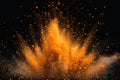 Visual yellow powder explosion isolated on a white background, shown from above. orange colored dust splash or grain texture Royalty Free Stock Photo