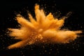Visual yellow powder explosion isolated on a white background, shown from above. orange colored dust splash or grain texture Royalty Free Stock Photo