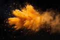 Visual yellow powder explosion isolated on a white background, shown from above. orange colored dust splash or grain texture Royalty Free Stock Photo