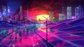 Visualisation of a video game with futuristic visual of a modern city. Stock footage. Neon lights of the road, hills