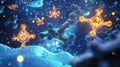 Visualization of antibodies attacking glowing viruses in a microscopic environment. Generative AI