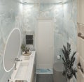 Visualization of the bathroom. Large round mirror with light