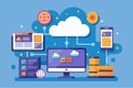 A visualization of cloud storage showcasing devices backing up data and syncing in a digital landscape, Cloud storage, backup Royalty Free Stock Photo