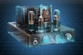 Visualization 3d cad model of vintage vacuum tube amplifier. 3D rendering