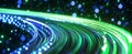 This visualization of data streaming evokes the rapid movement of data across a digital network by using flowing green