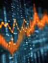 Visualization of dynamic financial data with vibrant orange line graph highlighting trends and fluctuations against a dark Royalty Free Stock Photo