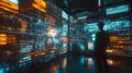 Visualization of the effect of financial sanctions. A high-tech control room with holographic screens