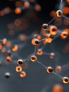 Visualization of interconnected orange glowing molecules forming a complex molecular network structure with dark blurred Royalty Free Stock Photo