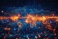 A glowing world map is displayed with continents and countries outlined in bright lights Royalty Free Stock Photo