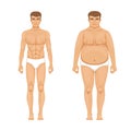 Visualization of weight loss. Muscular and fat man. Vector cartoon illustration of lifestyle