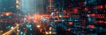 Visualize abstract digital light beams and data streams within a futuristic cityscape setting