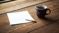 Blank notepad flat lay design with coffee cup on wooden table