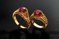 Visualize a captivating image featuring a close-up of a beautiful yellow gold ring adorned with a brilliant ruby, set against a
