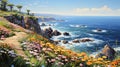 Visualize a coastal cliffside covered in vibrant wildflowers, with a winding path leading down to a secluded beach,