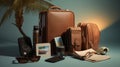 Visualize a composition of travel essentials a passport, a bag, and luggage, all arranged in an artistic yet realistic