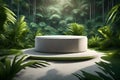 Visualize a 3D rendering of a sleek concrete platform pedestal set against the backdrop of a vibrant tropical forest