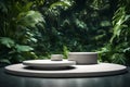 Visualize a 3D rendering of a sleek concrete platform pedestal set against the backdrop of a vibrant tropical fores
