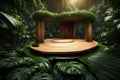 Visualize a 3D rendering of a wooden podium elegantly placed in the heart of a lush tropical forest