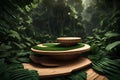 Visualize a 3D rendering of a wooden podium elegantly placed in the heart of a lush tropical forest,