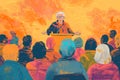 Visualize an elderly person actively engaging in a town hall meeting, their voice resonating, AI generated