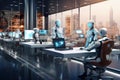 Visualize a futuristic office scene where robots are seated at a sleek desk, operating PCs, robots, tasks, such as