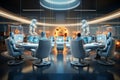 Visualize a futuristic office scene where robots are seated at a sleek desk, operating PCs, robots, tasks, such as