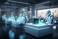 Visualize a futuristic office scene where robots are seated at a sleek desk, operating PCs, robots, tasks, such as