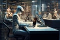 Visualize a futuristic office scene where robots are seated at a sleek desk, operating PCs, robots, tasks, such as