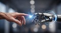 Powering digital transformation: Futuristic AI connection between human and robot hands for modern business concepts. Royalty Free Stock Photo