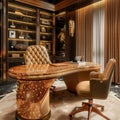 Visualize a luxurious home office where the sophistication of caramel walls