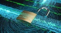 Secure digital data protection concept with an open padlock amidst glowing green binary code streams Royalty Free Stock Photo