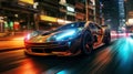 Visualize the sleek, futuristic car gliding through a bustling cityscape at night, bathed in the glow of neon lights, AI generated Royalty Free Stock Photo