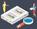 Visualize with statistical graph and chart marketing growth. Women analyze statistics on paper