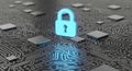 Glowing Digital Padlock Symbolizing Robust Cybersecurity Protection on a Circuit Board for IT and Tech Professionals. Royalty Free Stock Photo