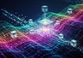 Futuristic data stream connecting glowing cubes on a colorful digital wave representing big data analysis Royalty Free Stock Photo