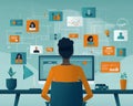 Visualizing customer strategies in an online networking session, in flat design, side view, educational theme, animation