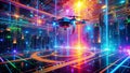 Visualizing Cyber Data Flow Futuristic Drone Perspective on RealTime SQL Code Streams Royalty Free Stock Photo