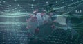 Visualizing 3D coronavirus particle floating in virtual dashboard, with node mesh and world map Royalty Free Stock Photo