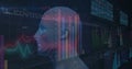 Visualizing 3D mesh head silhouette rotating in virtual data grid with charts and nodes, copy space Royalty Free Stock Photo