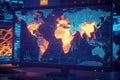 Visualizing global data trends on a digital world map during nighttime analysis session