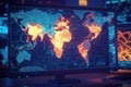 Visualizing global data trends on a digital world map during nighttime analysis session