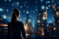Visualizing global structure, businesswoman depicts data exchanges and customer connections through networking