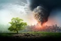 Visualizing global warming, Earths greenery versus air pollutions consequences Royalty Free Stock Photo