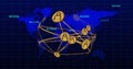 Visualizing network with glowing lines on dark blue grid, golden user icons and cyan numeric labels Royalty Free Stock Photo
