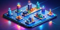 Visualizing Network Performance An Isometric Illustration of a Smartphone Network Testing Application showcasing data