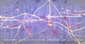 Visualizing red data cluster linking glowing network nodes over code columns in virtual grid Royalty Free Stock Photo