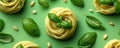Fresh noodles with basil and pine nuts on a vibrant green background Royalty Free Stock Photo