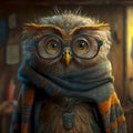 A visually appealing character portrait of an owl exuding wisdom and style, wearing glasses and a scarf