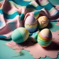 A visually appealing composition featuring artistic Easter eggs in vivid colors against a soft pastel fabric background