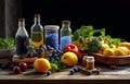Superfoods, vegetables, greens, and berries on dark background. Healthy nutrition Royalty Free Stock Photo
